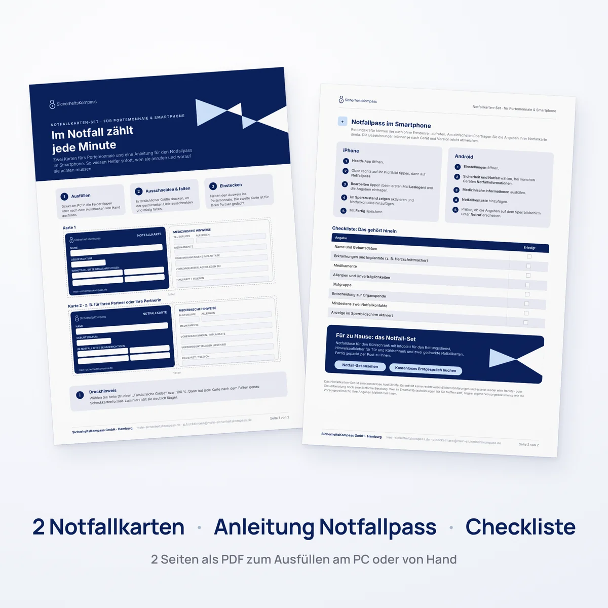 Die zwei Seiten des Notfallkarten-Sets: Notfallkarten zum Ausschneiden und Anleitung für den Notfallpass im Smartphone