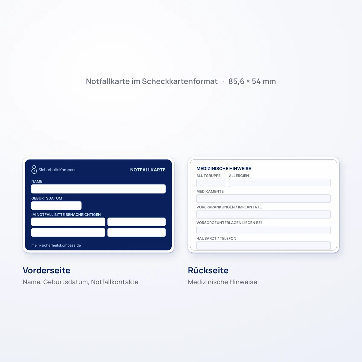 Vorder- und Rückseite der Notfallkarte: vorne Name, Geburtsdatum und Notfallkontakte, hinten medizinische Hinweise